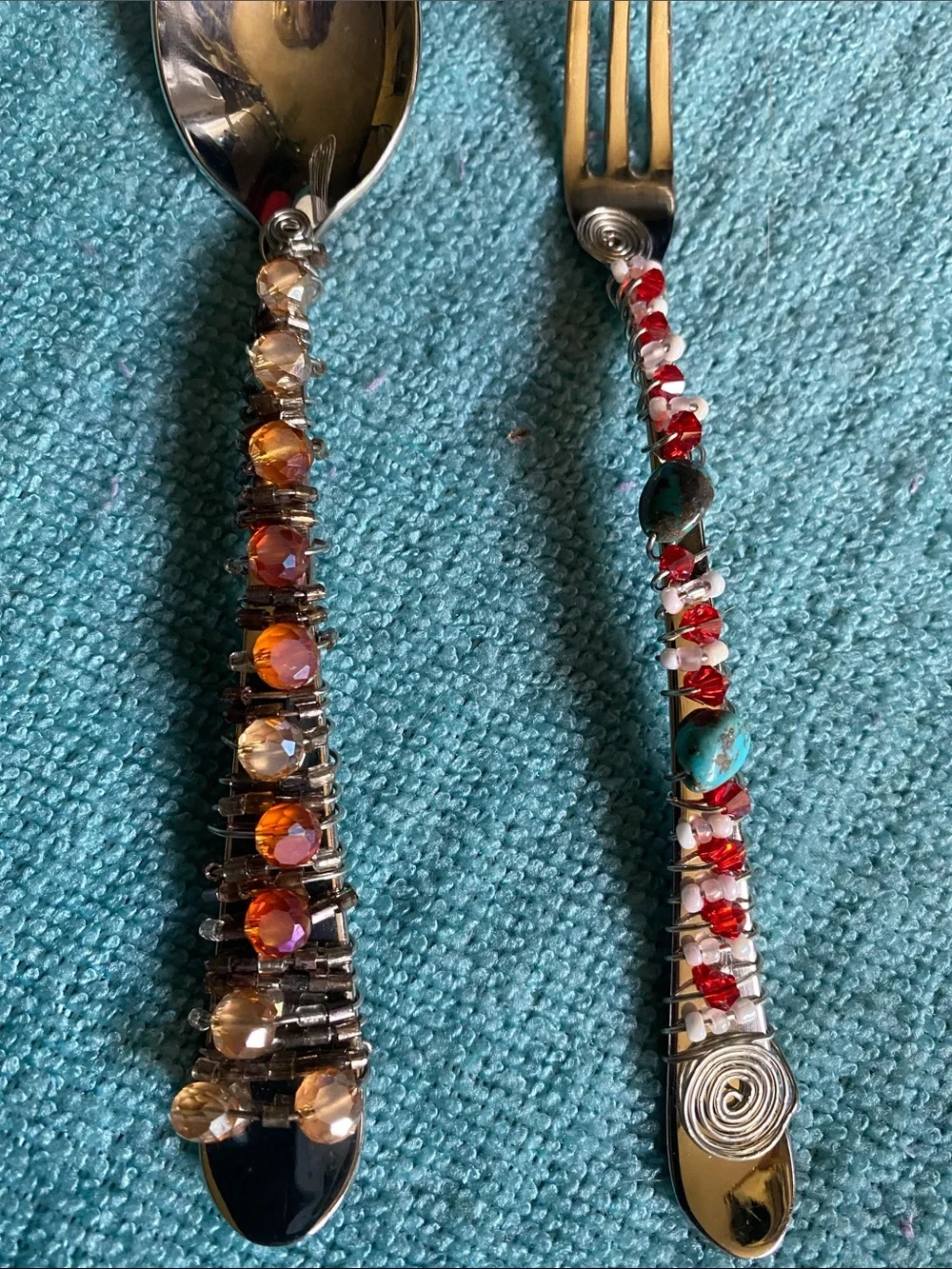 GS 18/10 Handcrafted Wire-Wrapped Beaded Spoon and Fork  Set - Multicolor Accent